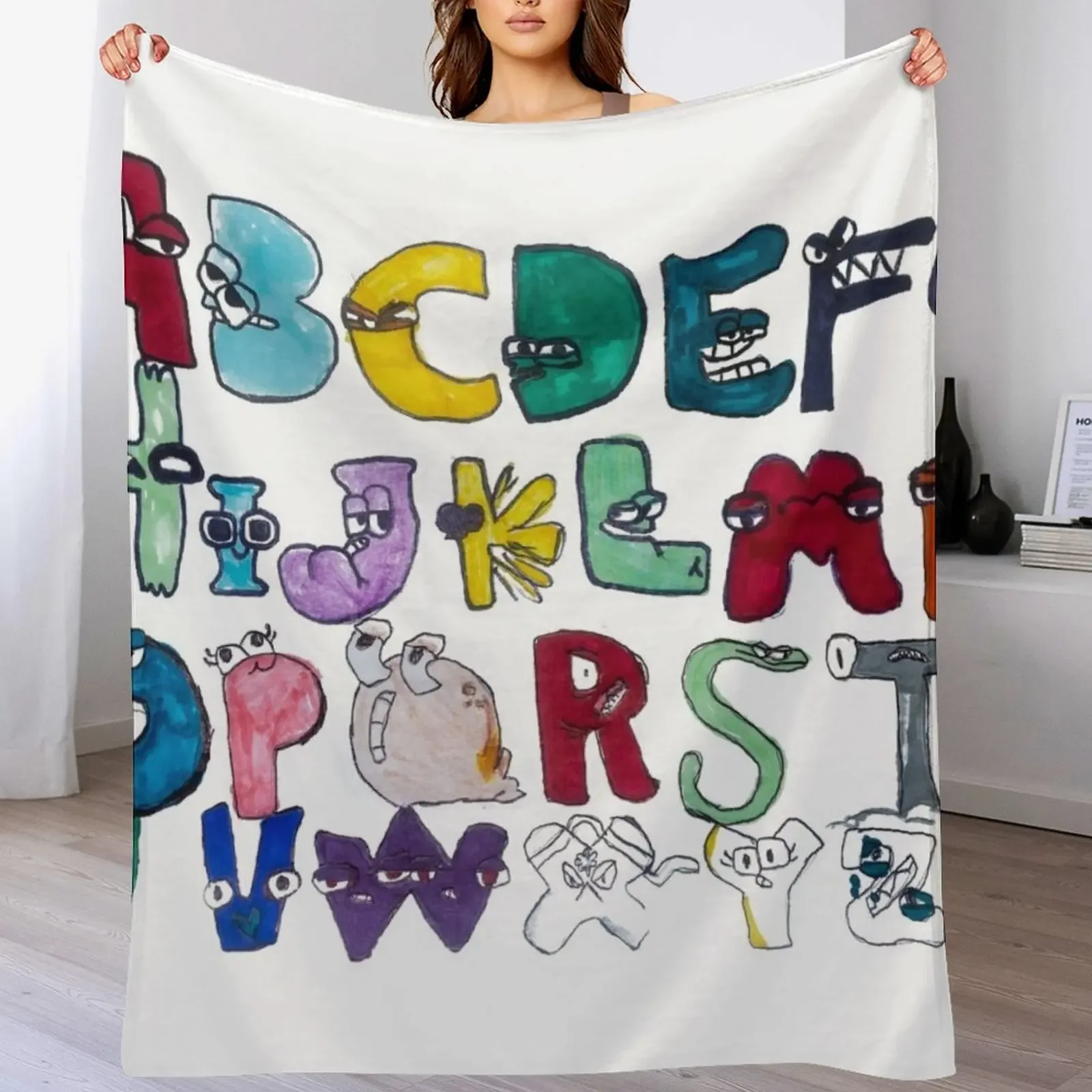 Hand drawn funny alphabet lore, english fonts with faces Throw Blanket Multi-Purpose Decorative Throw Blankets