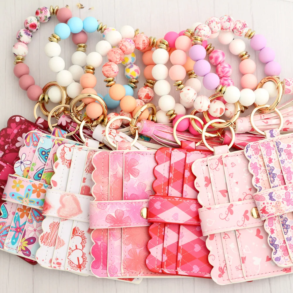 Fashion Heart Shape PU Leather Beaded Bags Women Pink Bracelets Card Holder Valentine's Day Wristband Card Case with Key Chain