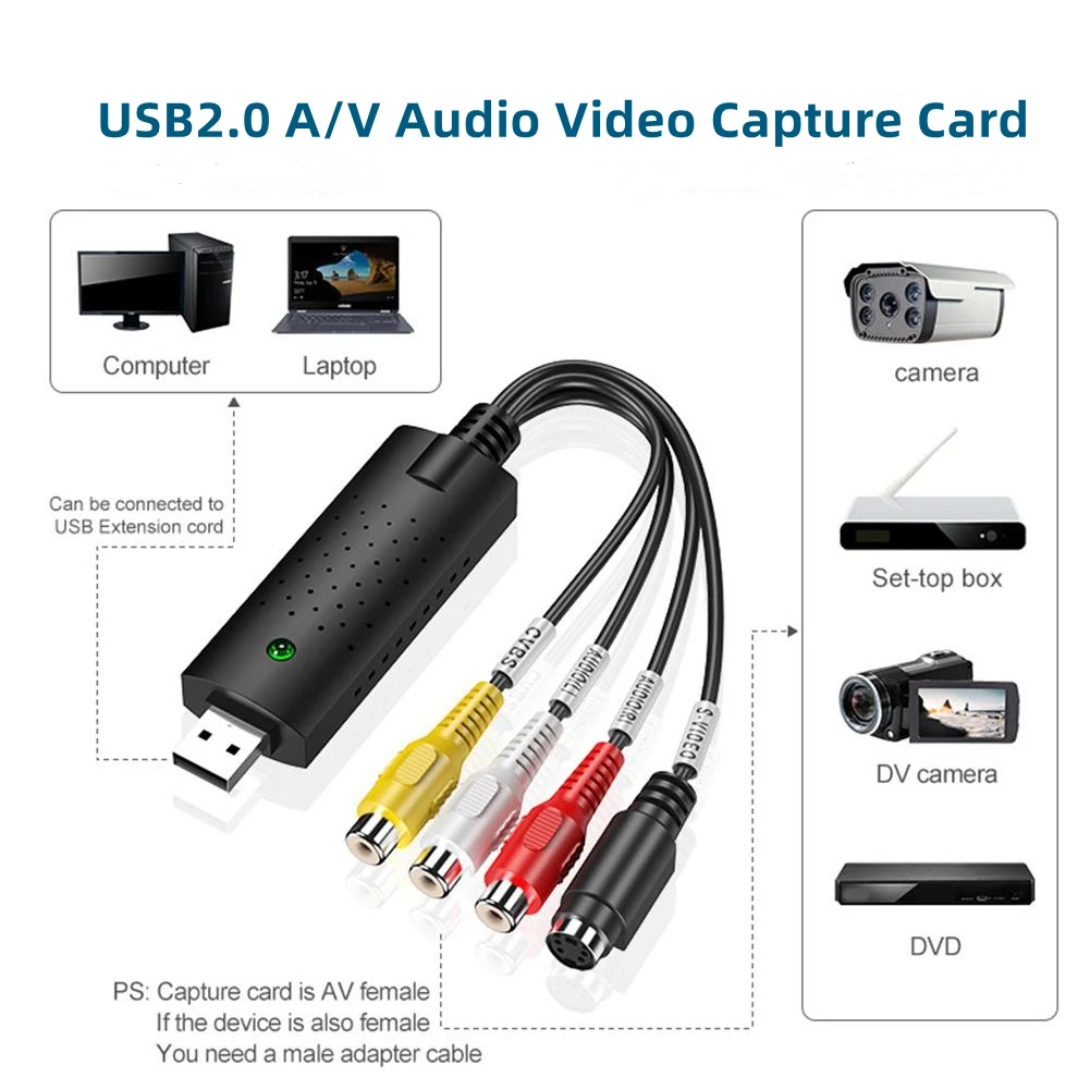 USB 2.0 Video Capture Card 4 Channel S-Video 3RCA Video TV DVD VHS DVR EZCap Grabber for Laptop PC Recording Live Broadcast