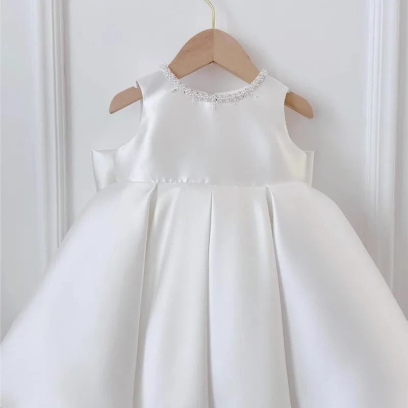 Baby Girl Princess Pearl Silk Dress Cloak Infant Toddler Vintage Bow Vestido Party Birthday Baptism Frocks Baby Clothes 1-7Y