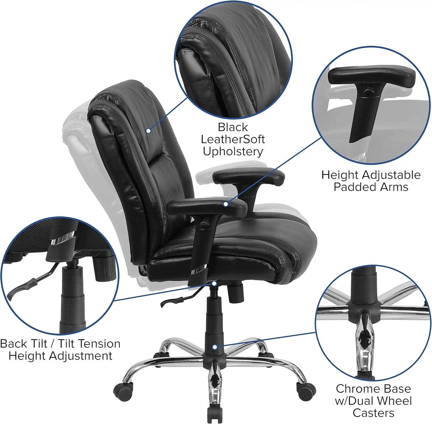 HERCULES 시리즈 가구, 크고 키가 큰 400 lb, 블랙 등급, 인체공학적 작업 사무실 의자, 크롬 베이스 및 조절 가능한 암 포함