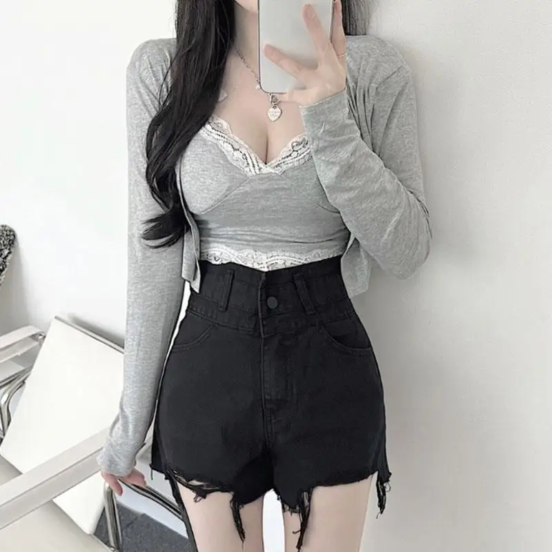51STUDIO UA237 Sexy Comfortable Women's Lace Trim Cardigan Set with Chest Pad Thin Open Cardigan Easy Wear Summer Fashion