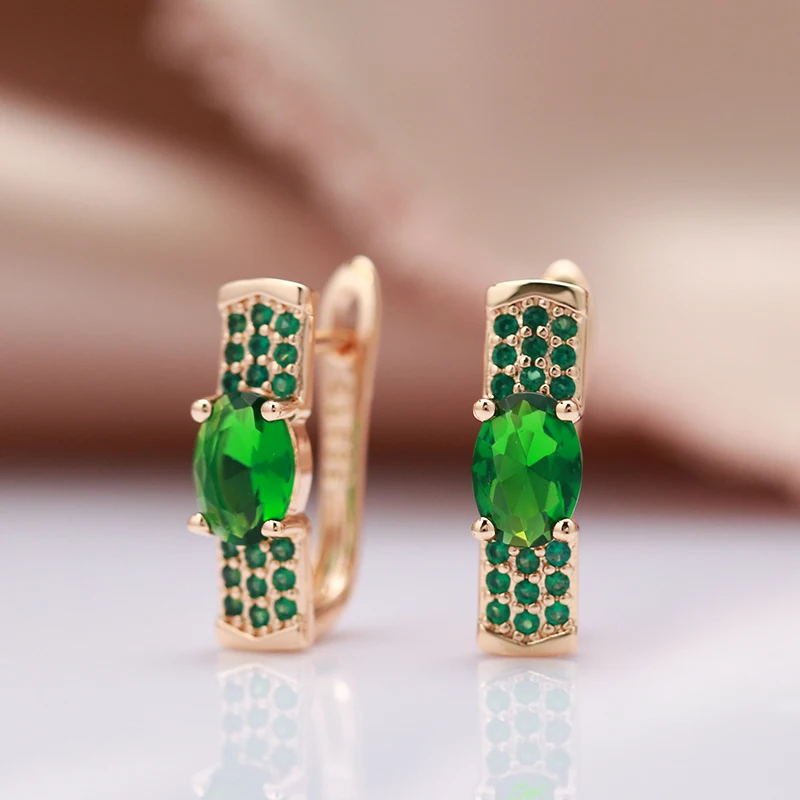 Kinel New Vintage Earrings Ring Sets for Women 585 Rose Gold With Emerald Round Cut Natural Zircon Clip Earring Fashion Jewelry