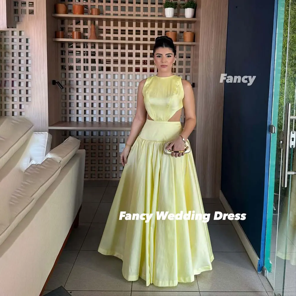멋진 섹시한 노란색 이브닝 드레스 A 라인 태피터 댄스 파티 드레스 등이 없는 민소매 공식 행사 드레스 맞춤형