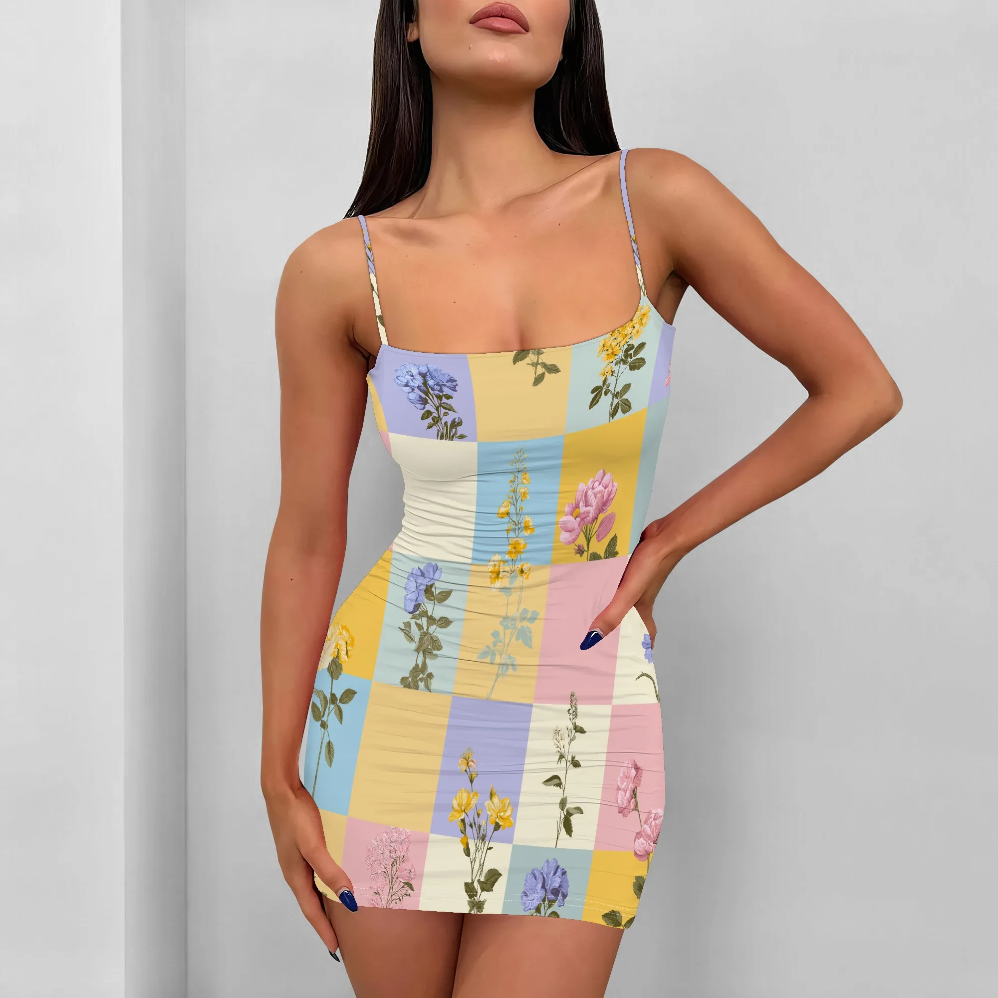

Women's Pastel Patchwork Mini Dress Plus Size Spaghetti Strap Floral Bodycon Outfit for Summer Picnic & Garden Party 2025 S-3XL