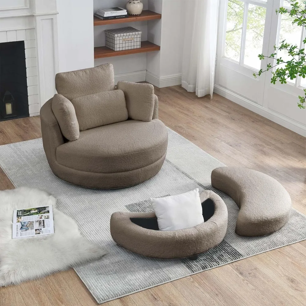 Swivel Chair with Half Moon Shaped Storage Ottoman, Modern Teddy Fabric Club 360 Degree Swivel Barrel Accent Sofa Chair