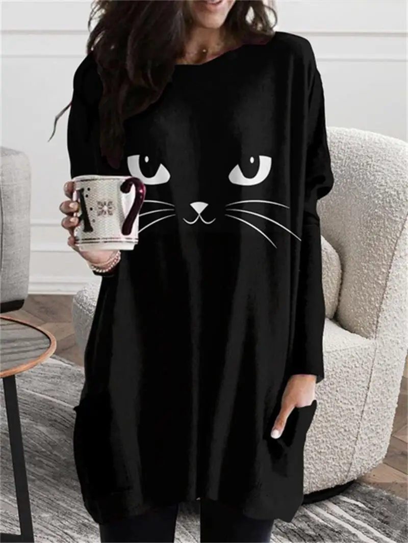 Autumn and winter 2022 new long hoodless sweatshirt, 3D printing, Halloween Black Cat pattern, top, Harajuku Y2K clothing