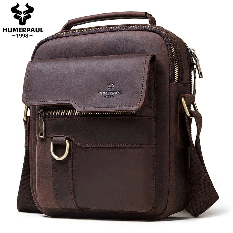Retro Men's Business Genuine Leather Crossbody Bag Multi-Functional Trendy Single-Shoulder Tote Briefcase for Daily Commuting