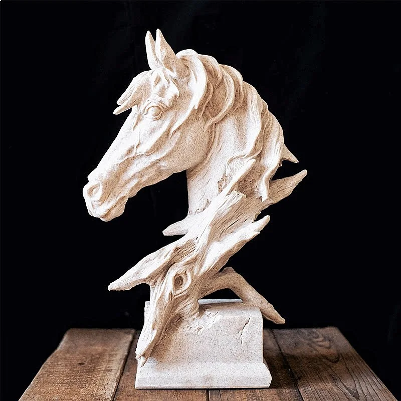Vintage Sandstone Horse Head Sculpture Animal Statue for Wine Cabinet TV Stand Home Decor Gift