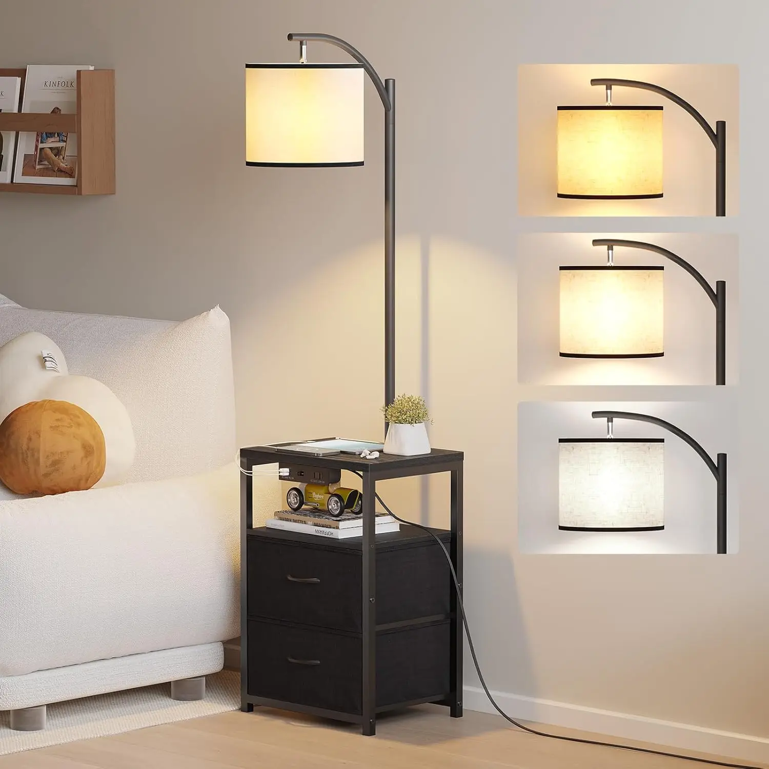 

Floor Lamp with Table & 2 Drawers, USB Port and Outlet, 3-Color LED Bulb Included, Black