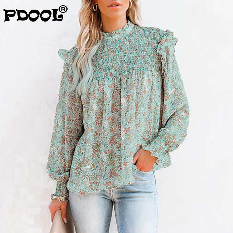 

European and American Chiffon Shirt Autumn 2023 New Ruffled Half High Collar Lantern Sleeve Floral Blouse Women