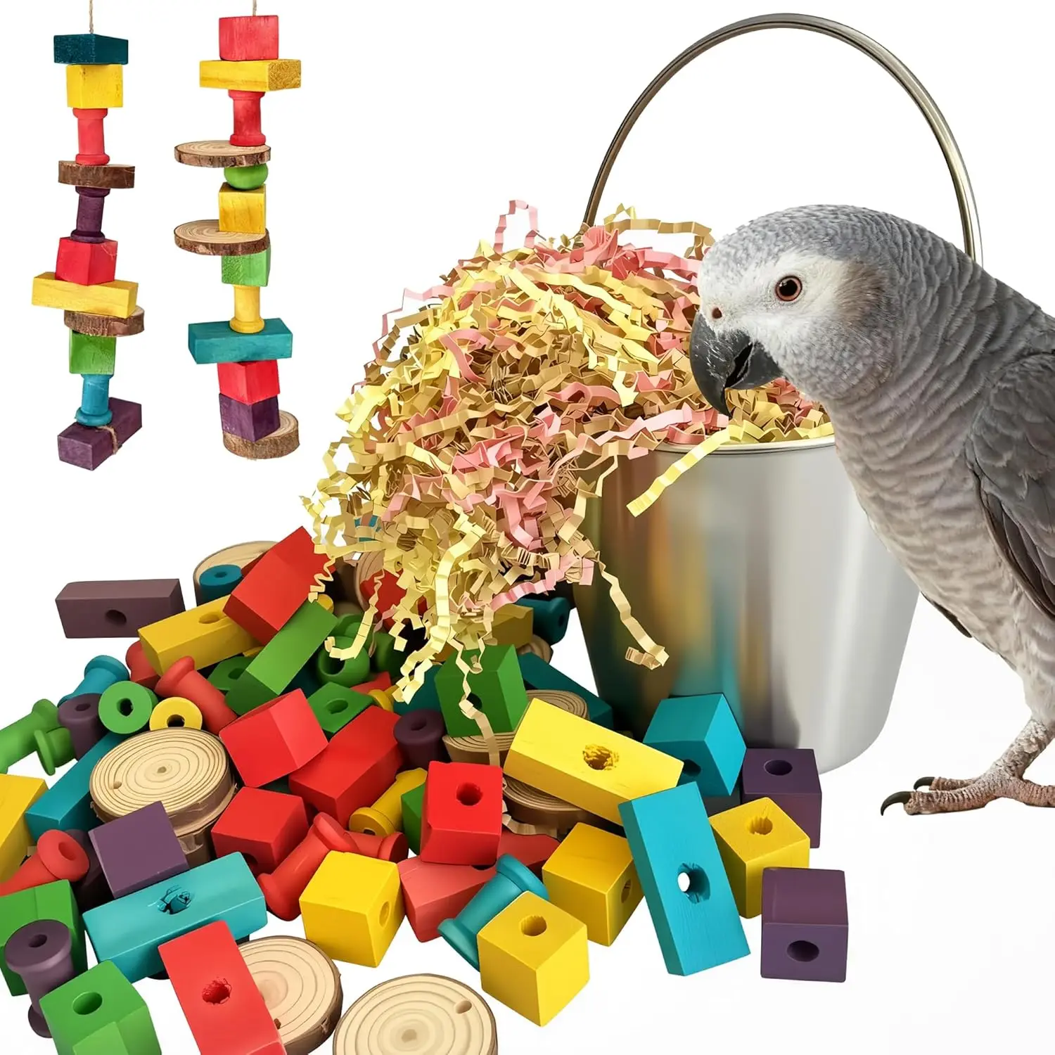 

87PCS DIY Large Bird Toys with a Stainless Steel Bucket (Colorful, 1L)