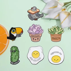 Cute Animal and Plant Enamel Pins Toucan pigeon succulent potted poached egg cucumber brooch Accessories Metal Badge Jewelry