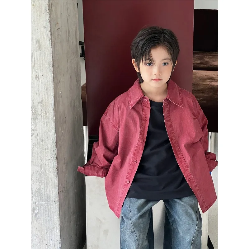 

Boys Girls Shirts 2025 Autumn Cherry Red Korean Style Childrens Clothes Embroidered Cool Fashion Trendy Loose Top