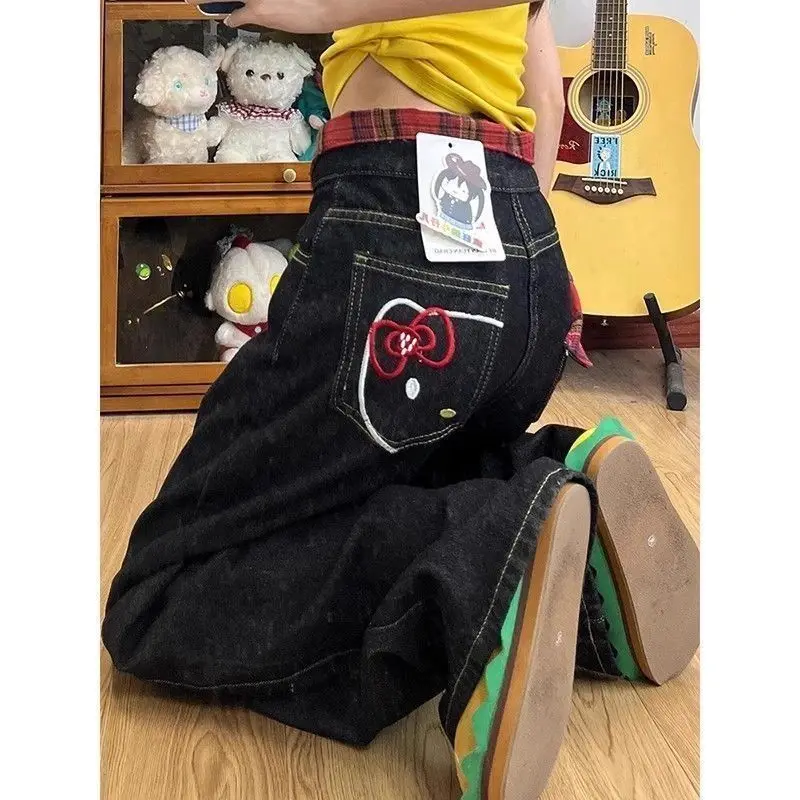 Hello Kitty femmes jean rétro jambe large coupe ample Y2K rouge à carreaux Patchwork poche broderie Denim pantalon femmes pantalon