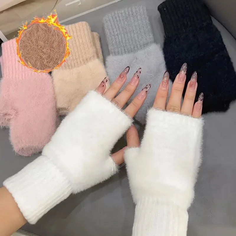 1-8Pairs Winter Half Finger Flip Gloves Thick Knit Convertible Mittens Windproof Warm Stretchy for Students Cycling Daily Use