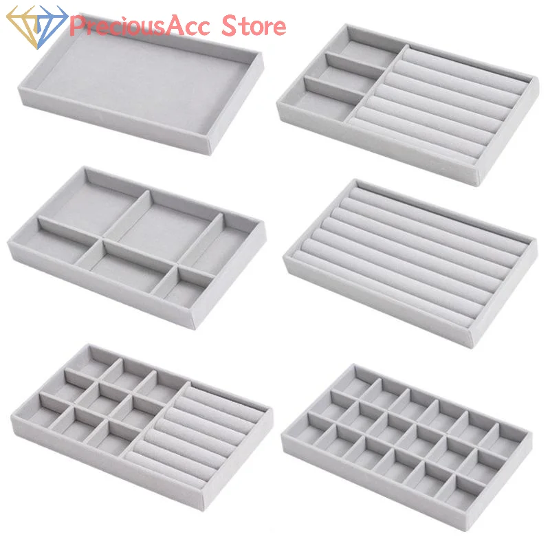 Velvet Jewelry Tray Display Case Portable Earring Necklace Holder Packaging Box Grey Beige Stackable Jewelry Organizer Boxes