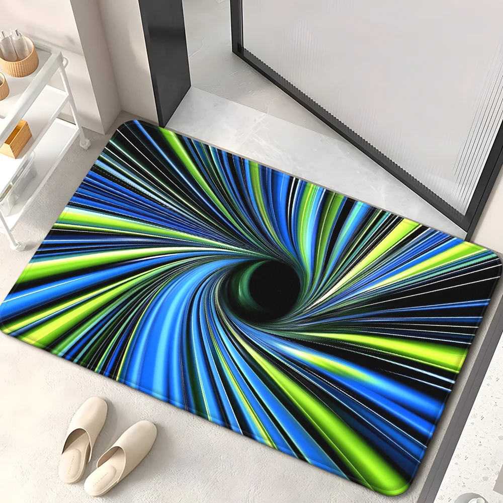 Radial Stripe Doormat – Blue, Green & Black Curved Lines Print on Dark Background, 50×80 cm Decorative Indoor Entry Mat