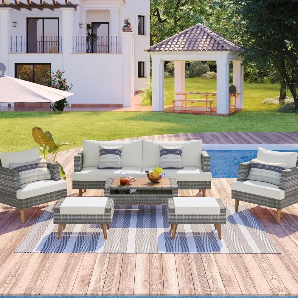 

Furniture 6 Piece with Thickened Cushions Outdoor All Weather Wicker Sectional Sofa Sets for Garden Backyard, Grey