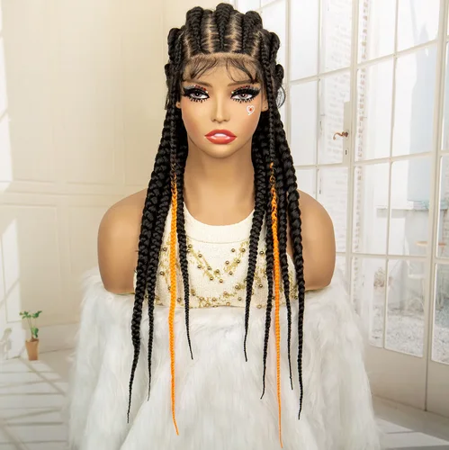 Full lace Cornrow Braided Wigs Highlights Orange Lace Front Braids Wig Natural Color Wigs with Baby Hair for Black Women