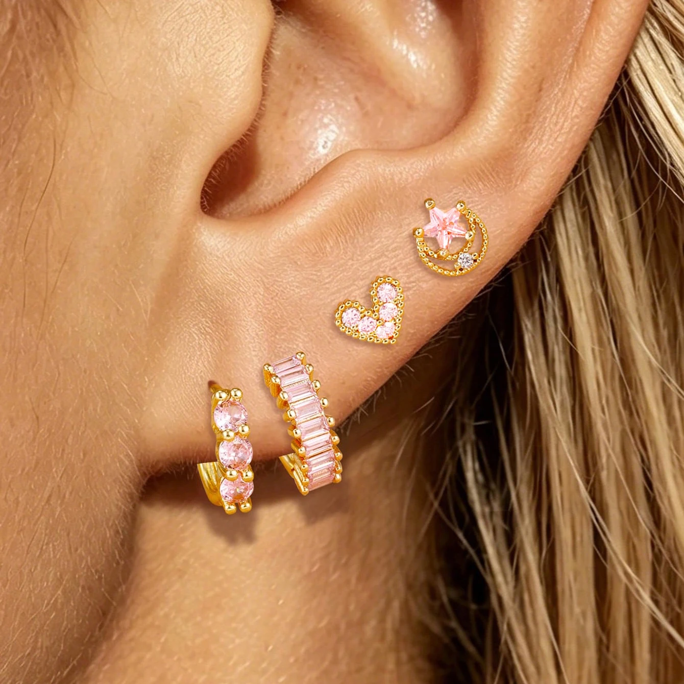 4PCS/8PCS Stainless Steel Pink Cubic Zirconia Huggie Earring Set For Women Star Heart Cartilage Stud Hoop Piercing Jewelry Gift