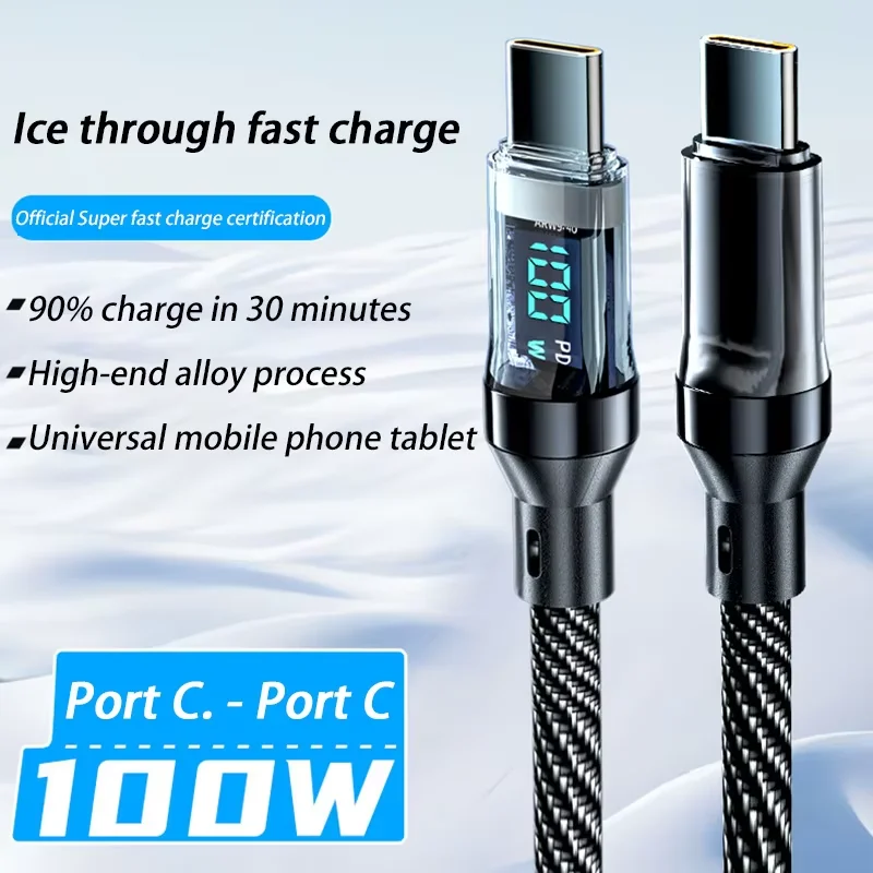 120W Super Fast Charging Cable Real-time Digital Display USB A to Type C data Cable For iPhone Android Samsung Phones Universal