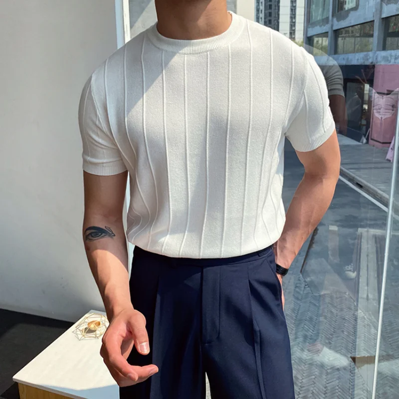 Korean Business Casual Summer New Round Neck Knit T-shirt Youth Men\'s Solid Jacquard Stripe Screw Thread Short Sleeve Thin Top