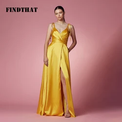 Findthat Yellow Bridesmaid Dresses V-Neck Spaghetti-Strap Satin Evening Party Dress 2024  A-Line Prom Gown Side Slit Custom Made