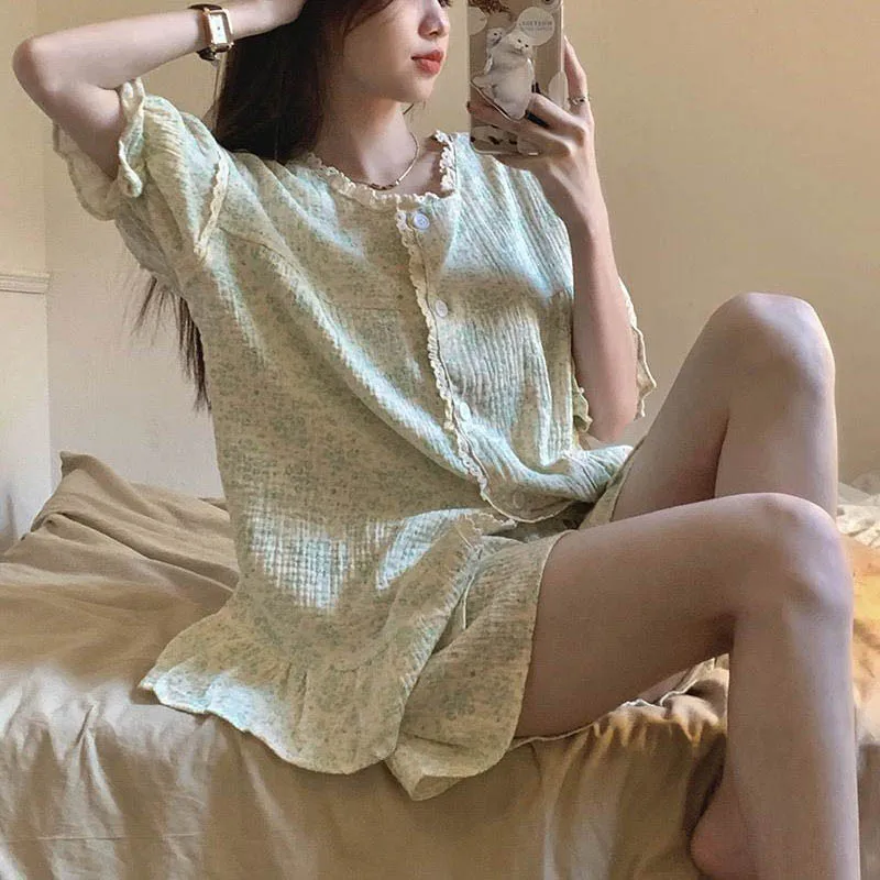 Korean Sleepwear Women Pajama Sets Summer Piiama Button Sets for Women 2 Pieces Night Wears Pyjamas Lace Home Suit Clothes 2024