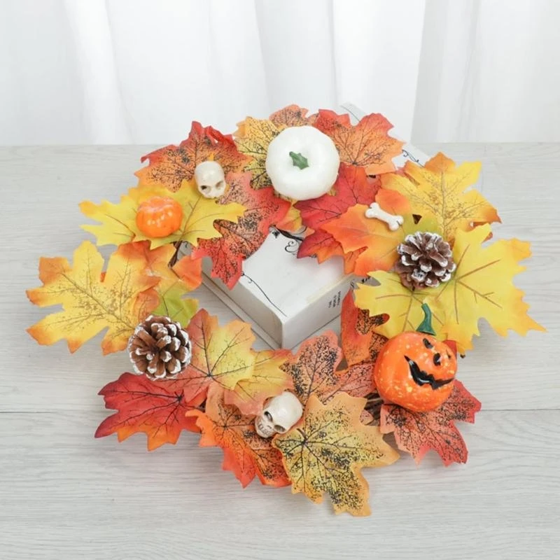 

Fall Wreath 14'' Maple Skull Thanksgiving Wreath for Front Door Halloween 15UB