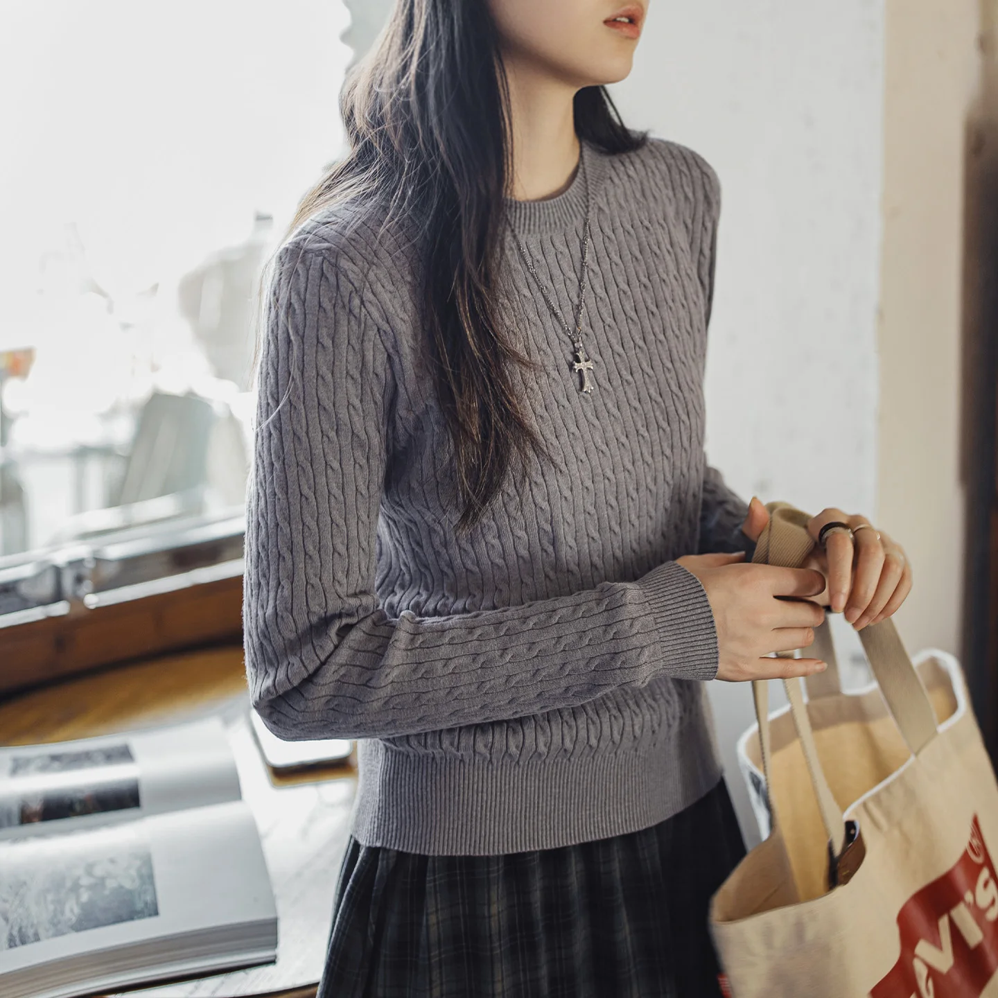 Maden Women Slim Fit Knit Pullover Sweater Short Thermal Layering Top Cozy Warm Stylish Solid Light Gray Fall Winter Outfit