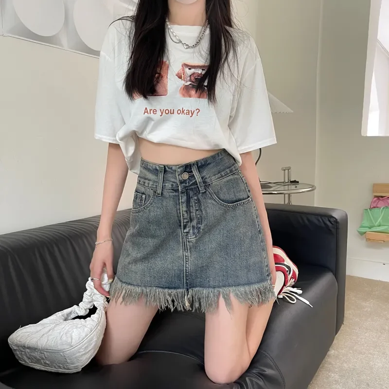 

Hotsweet Stylish Rough Selvage Tassel Denim Shorts Summer New Vintage A-line Women's Clothing American High Waist Bag Shorts