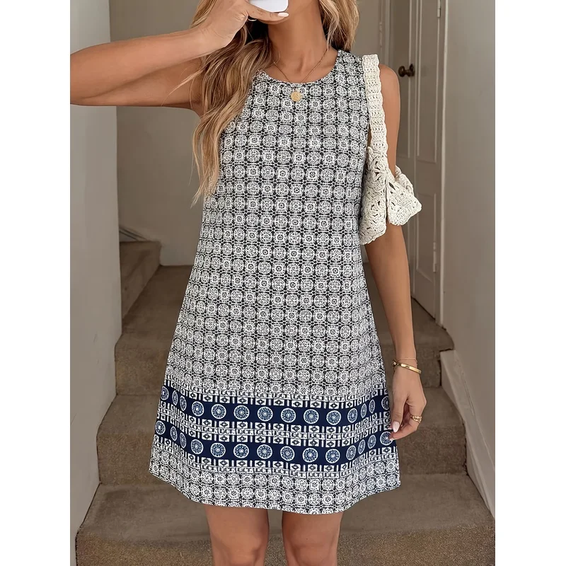 Women'S Geometric Print Sleeveless Dress Boho Tribal Shift Casual Summer 2026SS