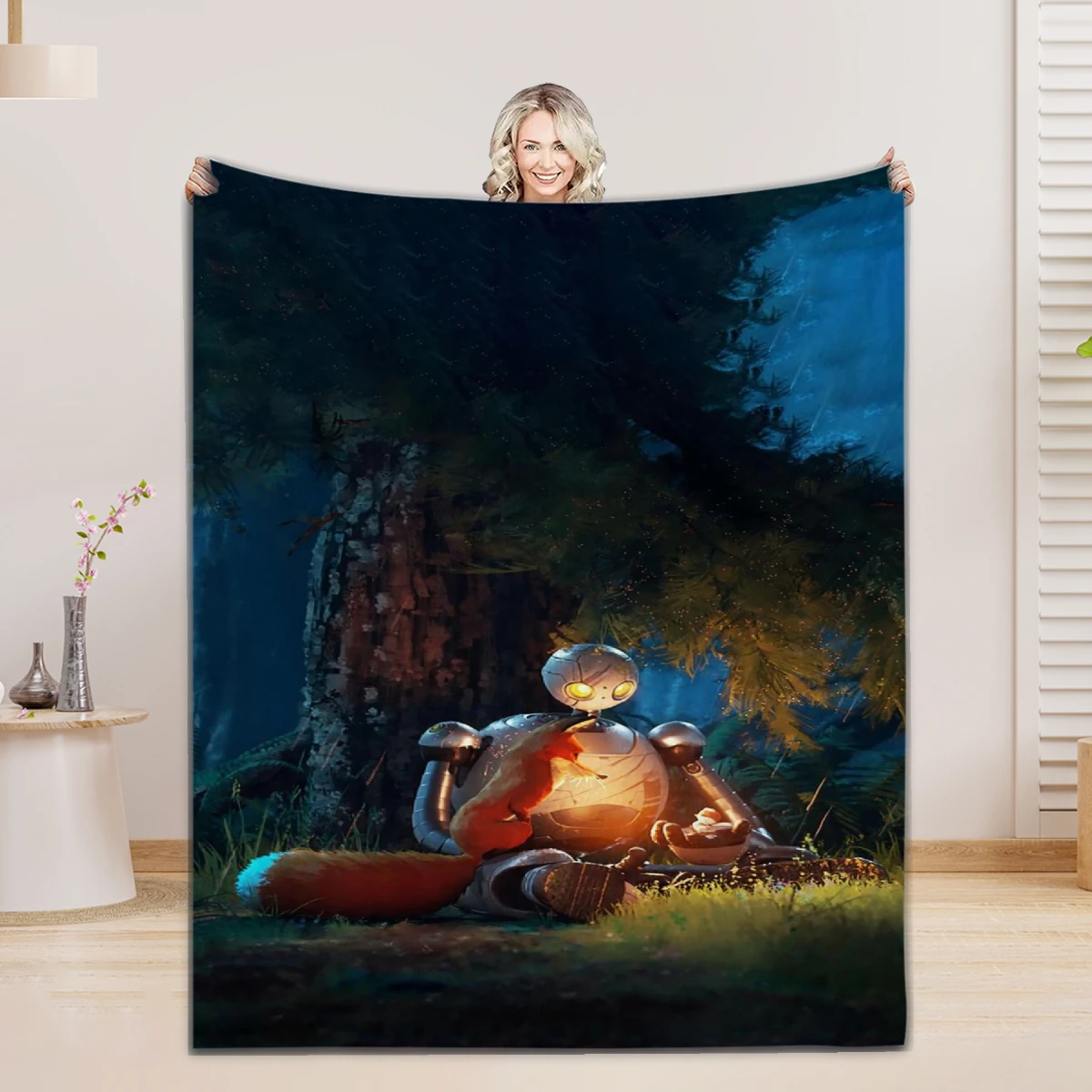 Lovely Robot Print Flannel Blanket Quality Soft Warm Throw Blanket Winter Kids Couch Bed Fluffy Bedspread, Birthday Gift for Kid