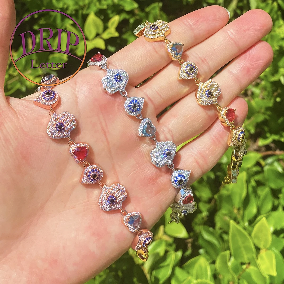 

Браслет Drip Letter Iced Out Hamsa Hand Heart Eye для женщин, настоящий позолоченный кубический цирконий, ювелирные изделия в стиле хип-хоп