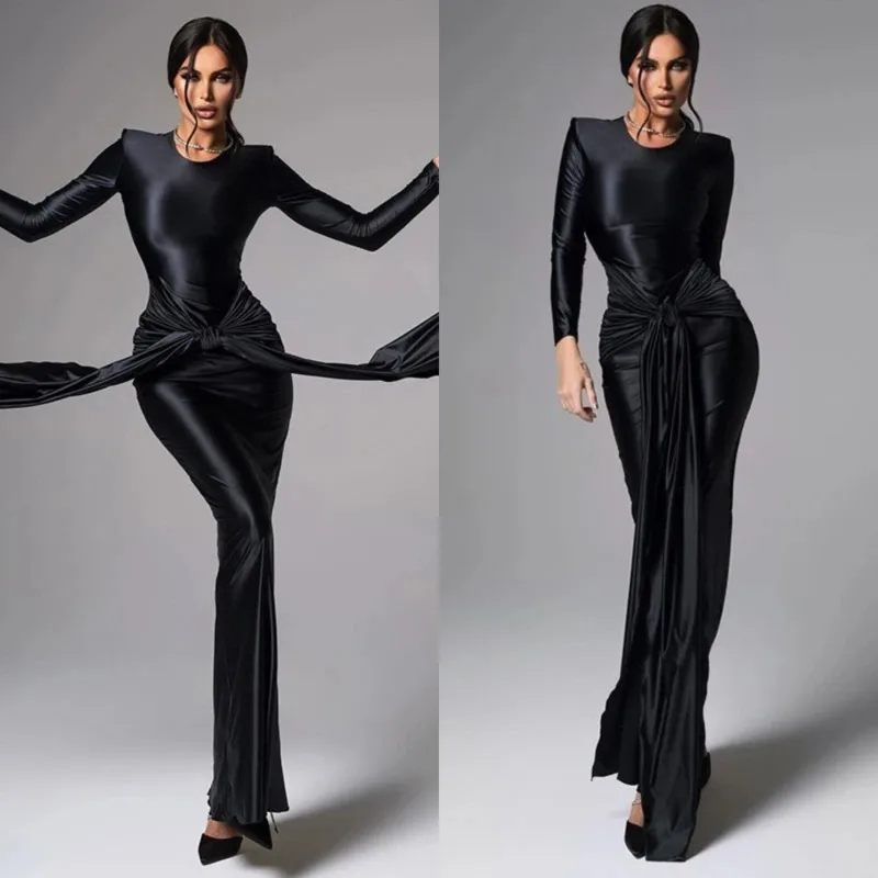 

Elegant Ribbon-Accent Mermaid Evening Gown Solid O Neck Shoulder-Pad Long Sleeve Bodycon Dress Chic Women's Banquet Party Dress