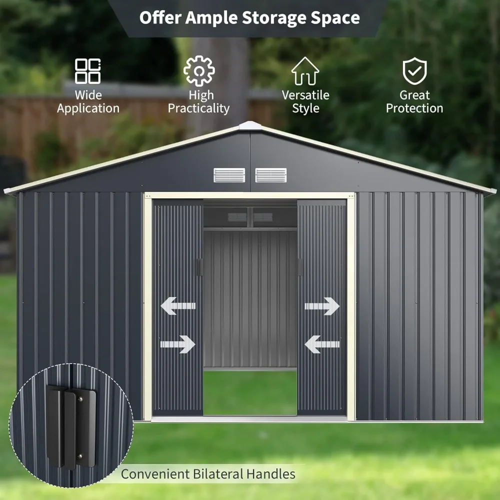 Storage Shed, Metal 11’ X 10’ Outdoor Building Organizer with 4 Vents & Double Sliding Door for Garden Backyard Farm