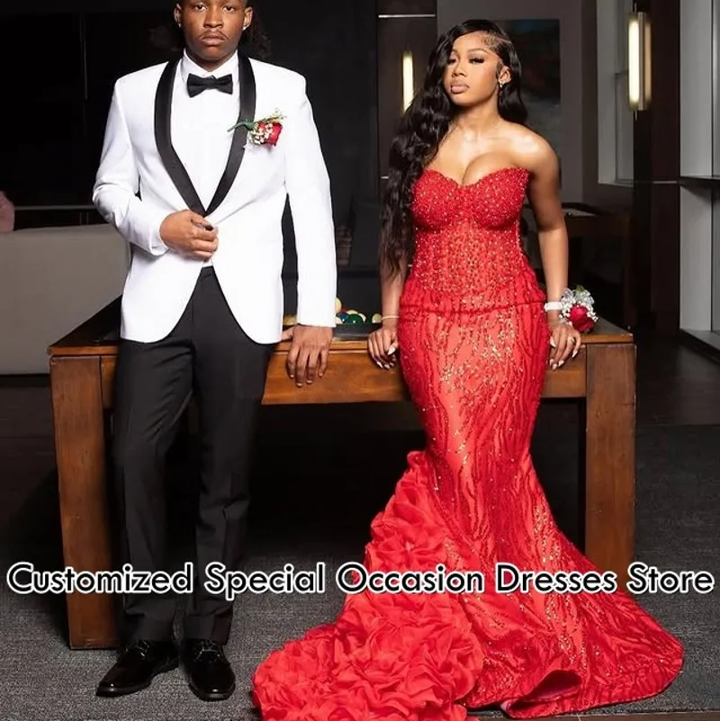 Generous Prom Dresses Sweetheart Mermaid Ruffle Party Dress Elegant Sequins Beaded Black Girls African Evening Gowns Customized
