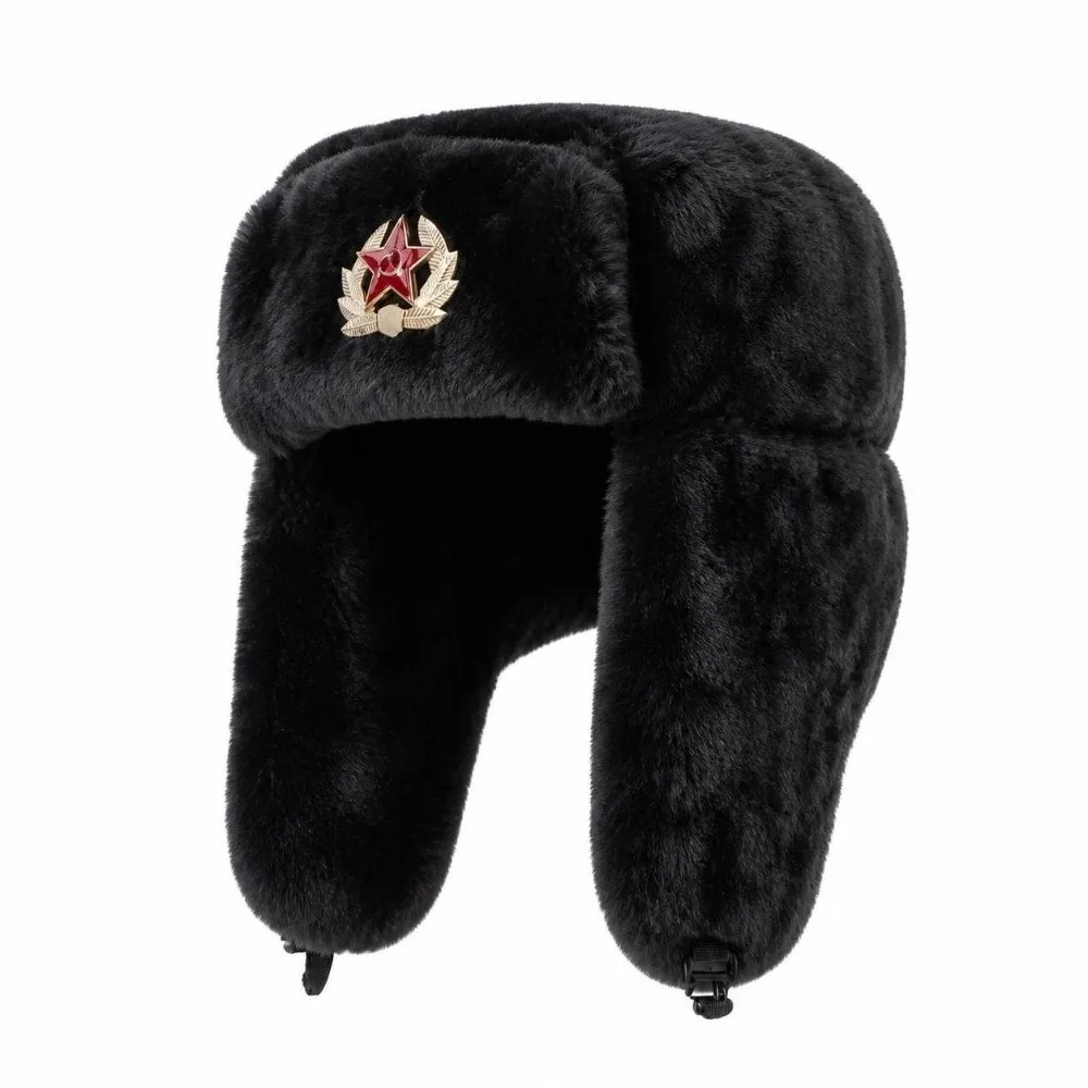 Thick Faux Fur Ushanka Hat Windproof Badge Detail Earflap Hat Thermal Insulation Ear Protection Snow Cap Winter Outdoor