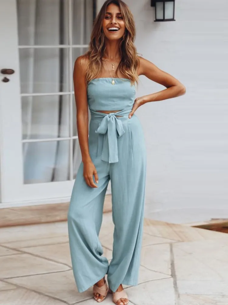 

Women Elegant Solid Jumpsuit Sexy Sleeveless Strapless Top Wide Legs Pants Lace-up Jumpsuits Summer Fashion Office Lady Overalls
