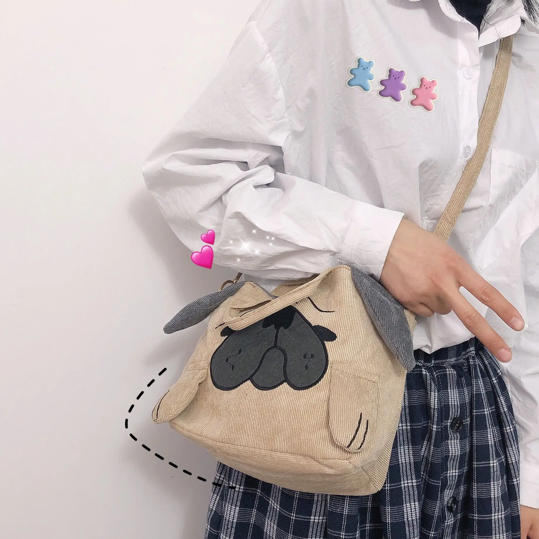 Kawaii Pug Dog Corduroy Shoulder Bag Messenger for Women Embroidery School Bags for Teenage Girls Large Travel Mochila Female