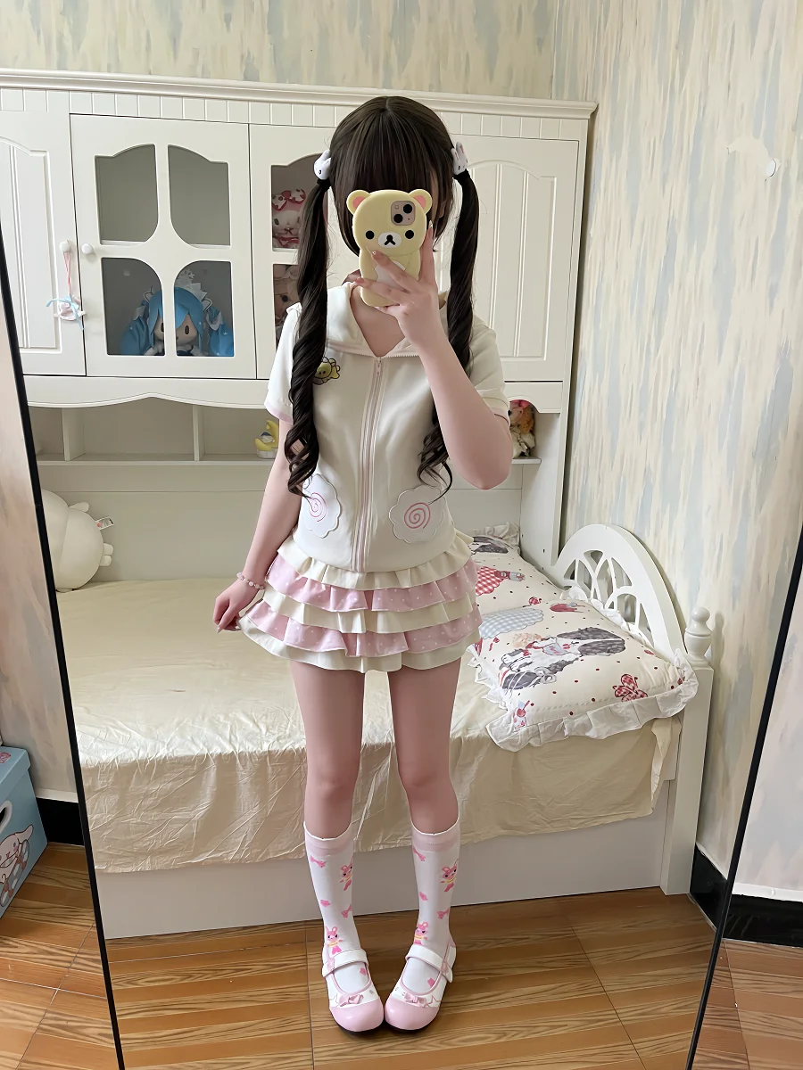 Bear Embroidered Short Sleeve Top Japanese Style Cute Soft Girl Summer Hooded Short Sleeve Zipper Jacket Women Slimming Top