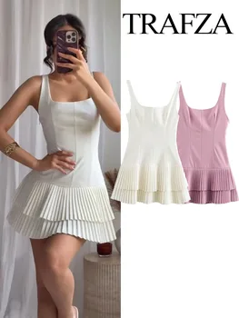 TRAFZA, moda para mujer, Mini vestido liso sin mangas con cuello cuadrado, vestido plisado de verano para mujer, Vestido corto ajustado elegante de calle alta