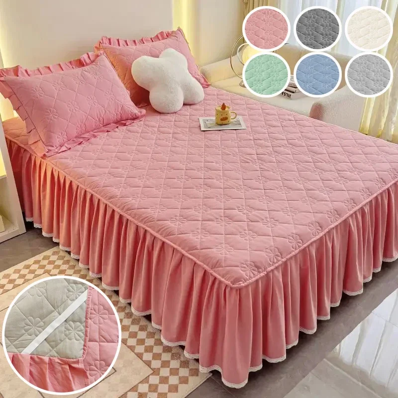 

Solid Color Lace Border Bed Skirt Mattress Protector Thickened Anti-slip Queen Double Single Bedspread Full Size (No Pillowcase)