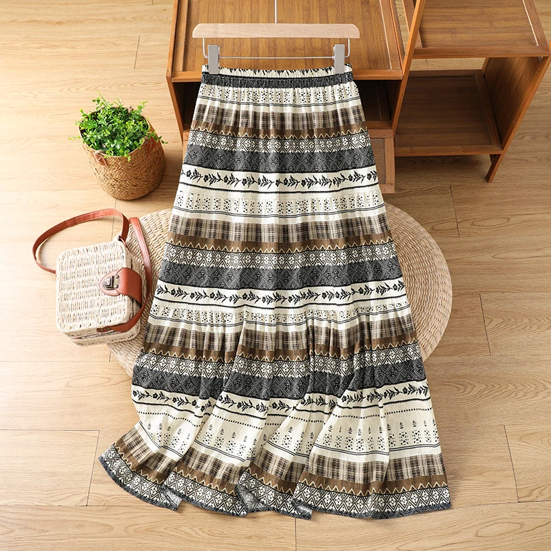 Bohemian Style Elastic Waist Maxi Skirt Ethnic Wind Spring Summer New A-Line Skirt Gypsy Style Full Flounce Tourist Wear