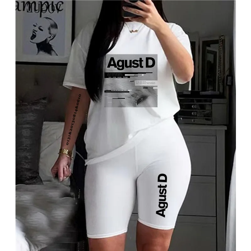 

Women's Two Piece Album Agust D T-shirts and Shorts Suit Summer Short Sleeved O-Neck Casual Jogging Motorcycle Shorts Sexy Women