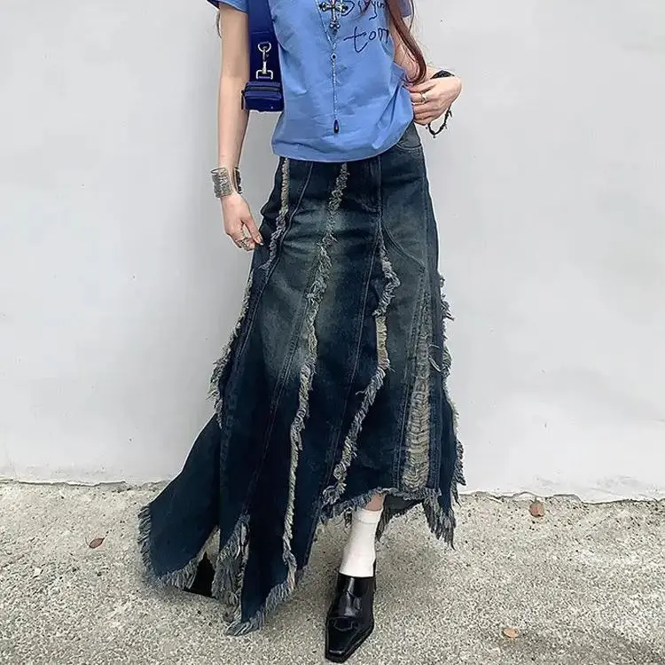 Designed Furry Tassel Denim Skirt Women 2025 Spring Summer New European American Style Retro Hottie Irregular Long Skirt