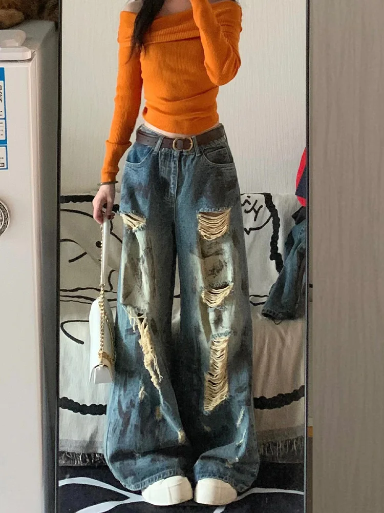 

American Style Lazy High Waist Jeans Women Summer New Loose Long Draping Dyeing Hole Design Yellow Mud Color Jeans