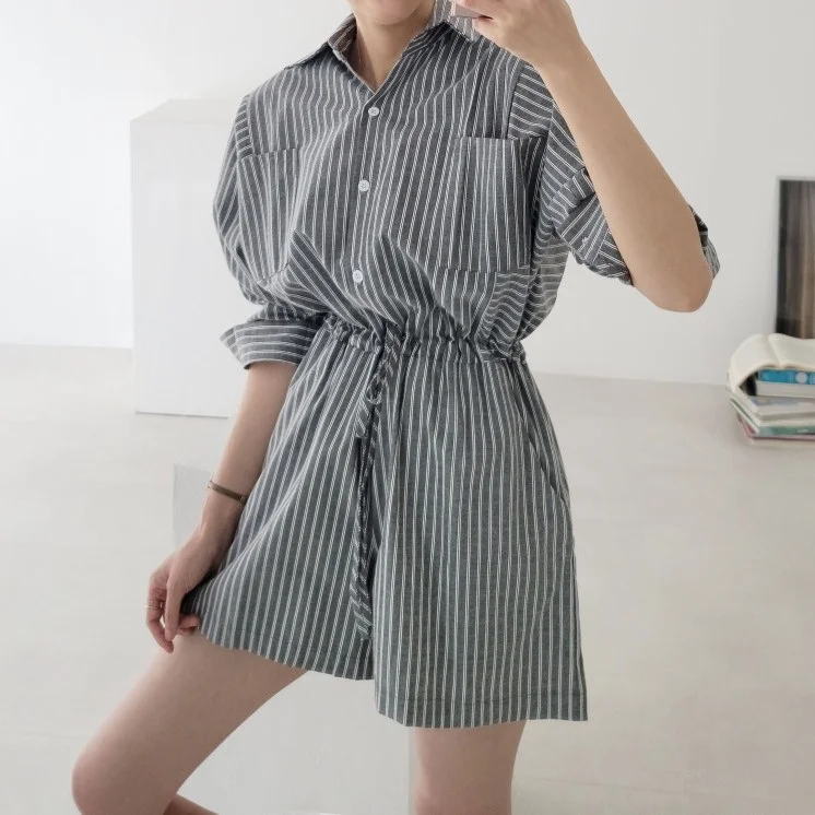 

Женский шикарный корейский костюм на весну и лето, новая мода, повседневный цельный костюм в полоску с воротником и завязками, прямой костюм-труба irt