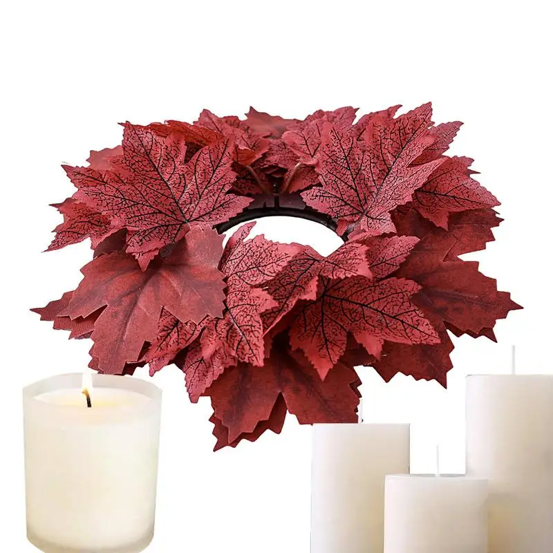 Fall Maple Leaf Candlestick Wreath Thanksgiving Decoration Artificial Candle Ring Garland Party Table Centerpiece Decoration